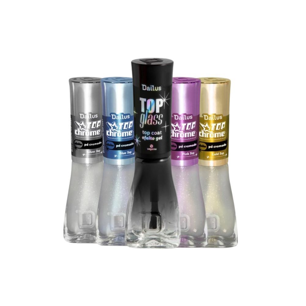 Dailus Esmalte Coleção Top Chrome + Top Glass Efeito Pó Cromado Gel Brilhante 8ml *Escolha seu Kit*