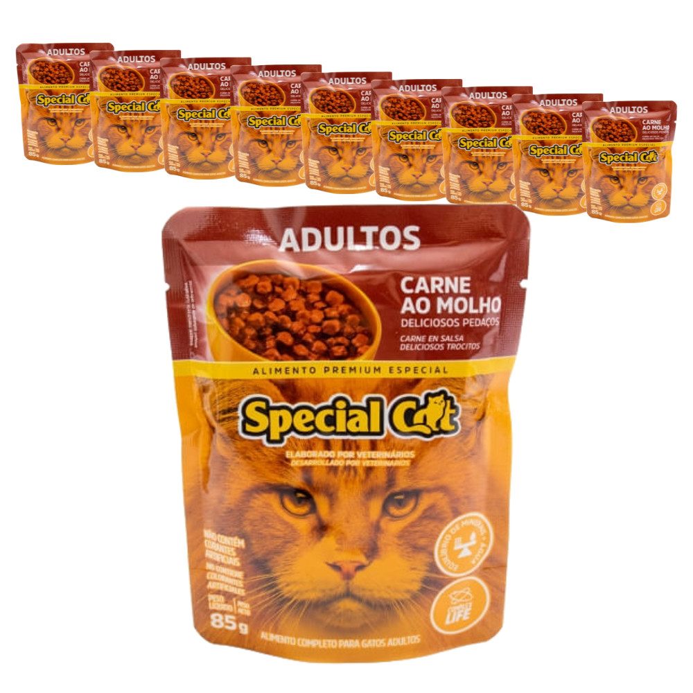 Ração Úmida Premium Special Cat Sachê para Gatos Adultos Carne 85g - KIT 10 unids
