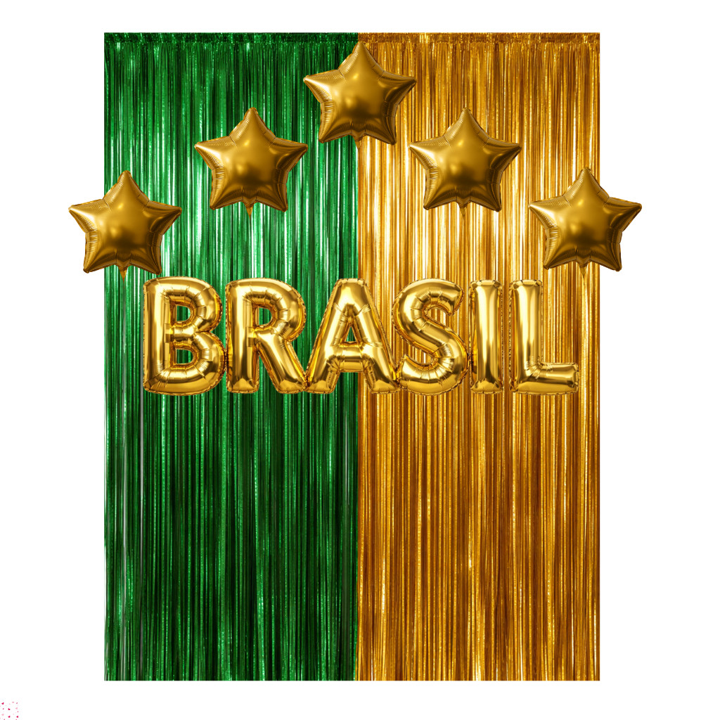 Kit Decoração Copa do Brasil, c/ cortinas, Palavra Brasil, Balões estrela, comemorações, festas, vitrines