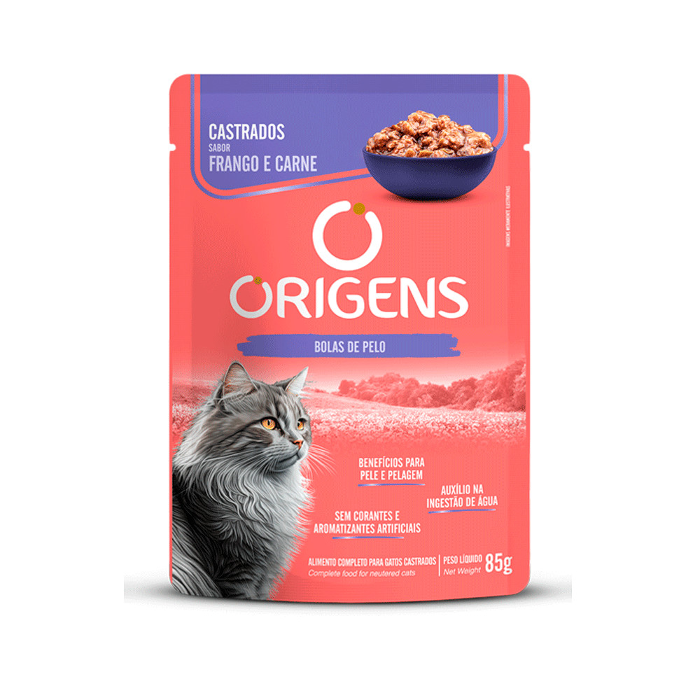 Ração Úmida Origens Sachê Gatos Castrados Sabor Frango e Carne 85g em Oferta na Shopee