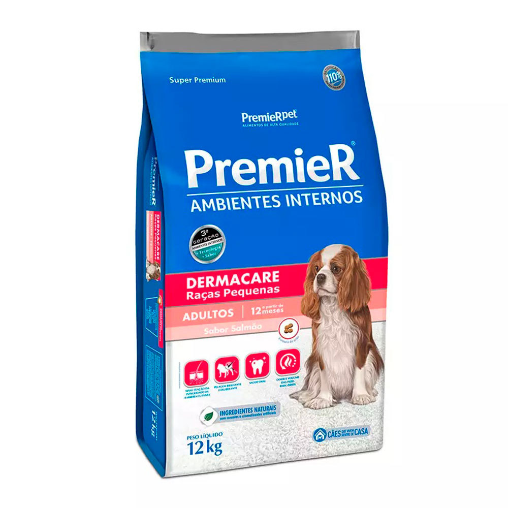 Ração Premier Ambientes Internos Cães Adultos Dermacare Raças Pequenas Salmão 12kg