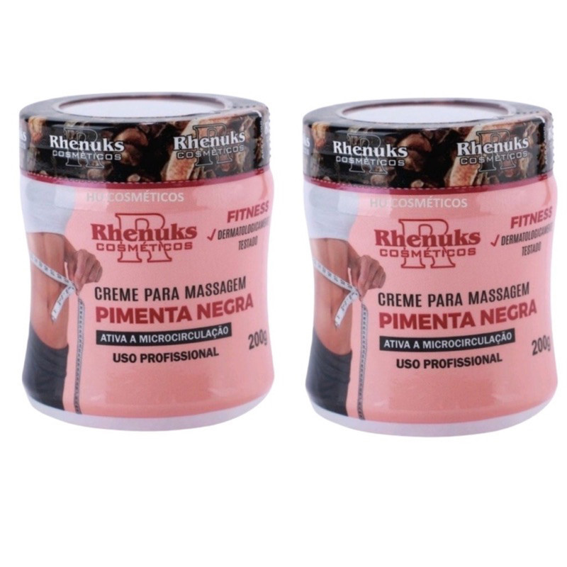 Kit Com 2 Creme Para Massagem Pimenta Negra 200g cada Rhenuks - Ajuda Eliminar Gordura Localizada, Estrias e Celulites
