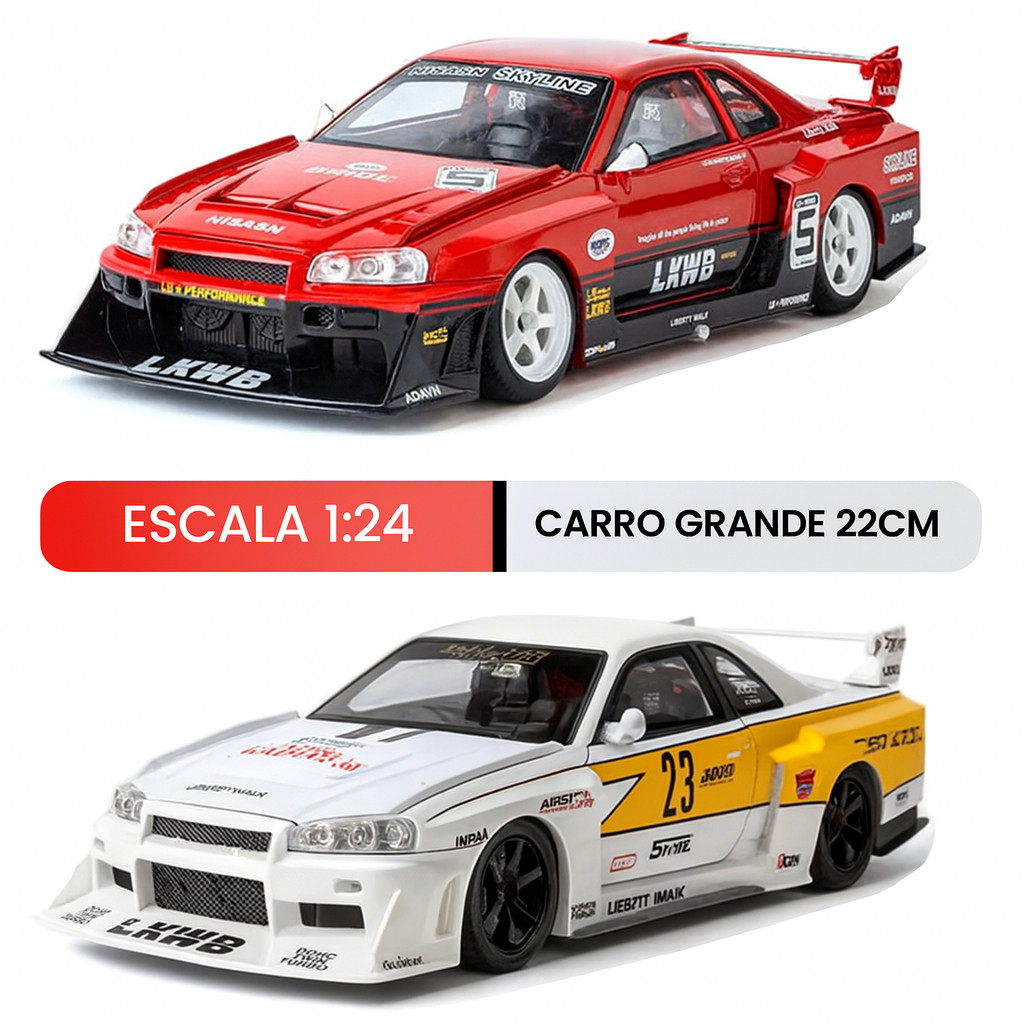 Nissan Skyline GT-R R34 Liberty Walk 1:24 Miniatura Diecast | Luz e Som | Carro JDM Colecionável