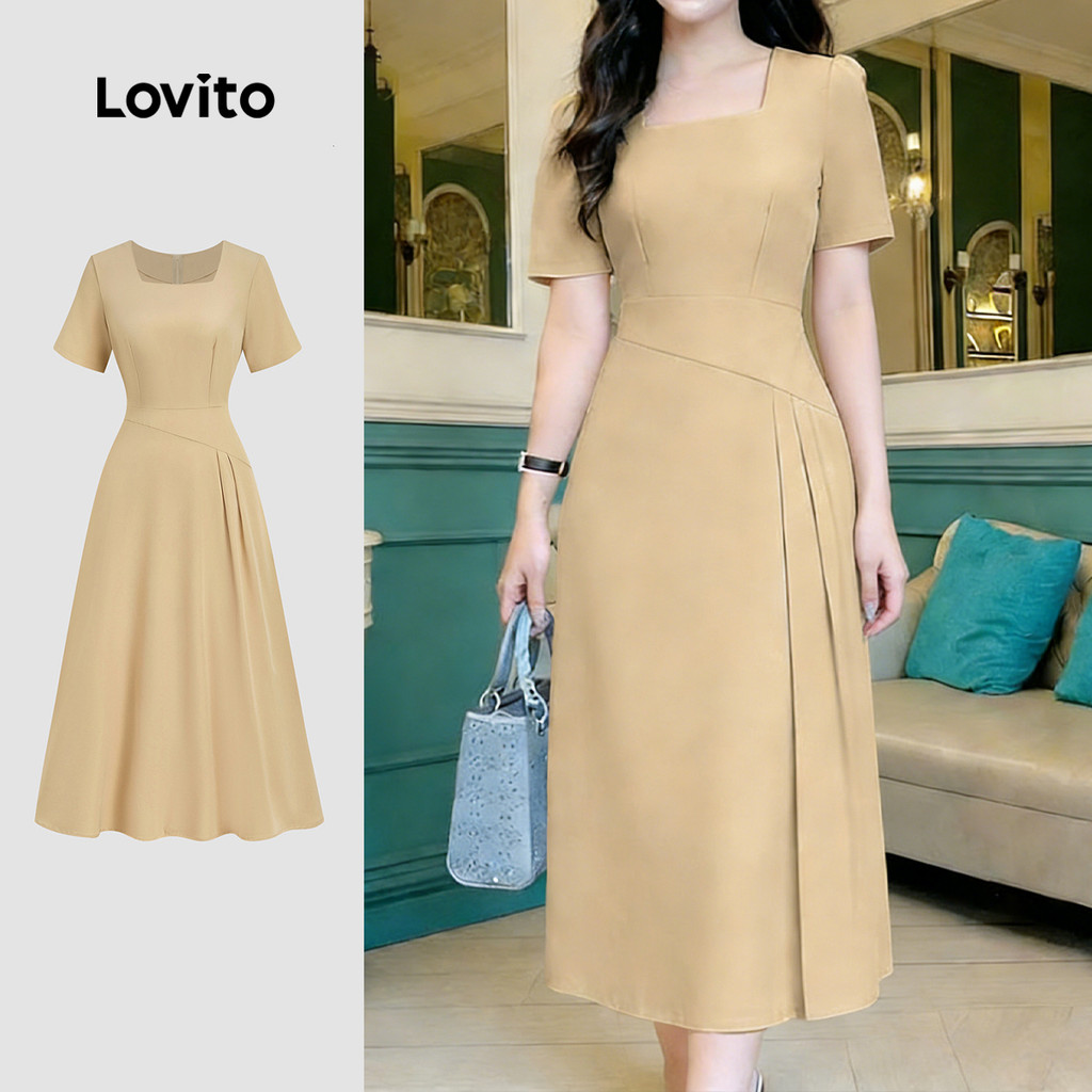Lovito  Vestido Elegante Clássico e Versátil com Pregas e Estrutura para Primavera/verão em Caqui para Mulheres LBL33009 em Oferta na Shopee