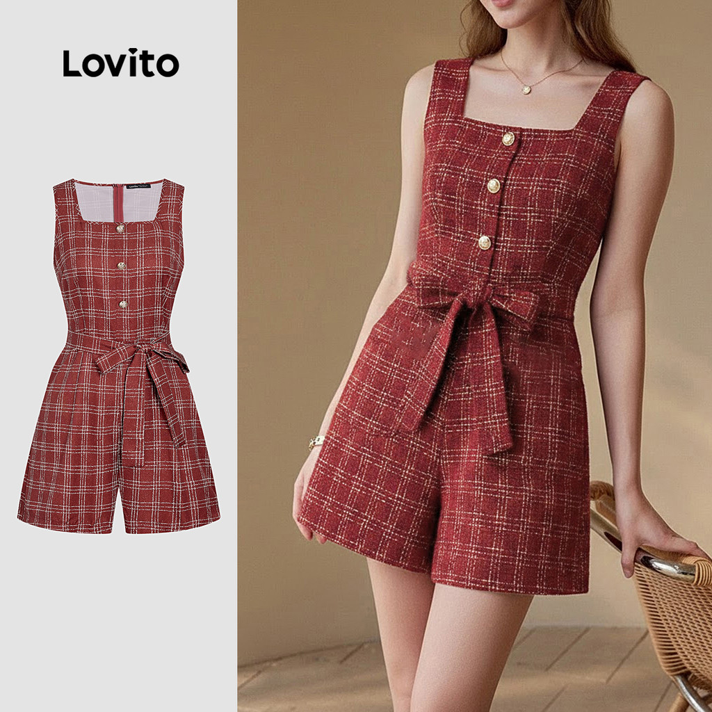 Lovito Macacão Elegante De Festa Com Botões Frontais Vermelho Para Mulheres Ideal Para Primavera/verão L164ED390