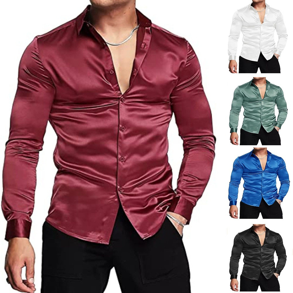 Camisa Social Masculina de Seda Brilhante e Cetim, Manga Longa, Cor Sólida, Corte Slim, para Casamento, Banquete, Festa,