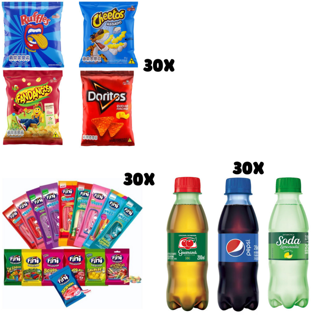Kit 30 Salgadinhos Elma Chips + 30 Refrigerantes 200ml + 30 Finis em Oferta na Shopee