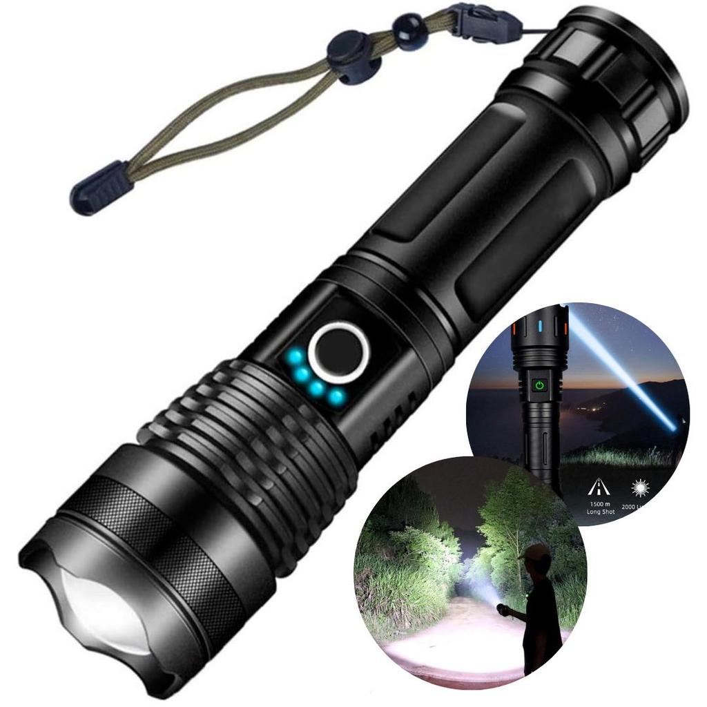 Lanterna Tática HyperBeam X1000 Recarregável Zoom Ajustável LED Potente Emergência Camping