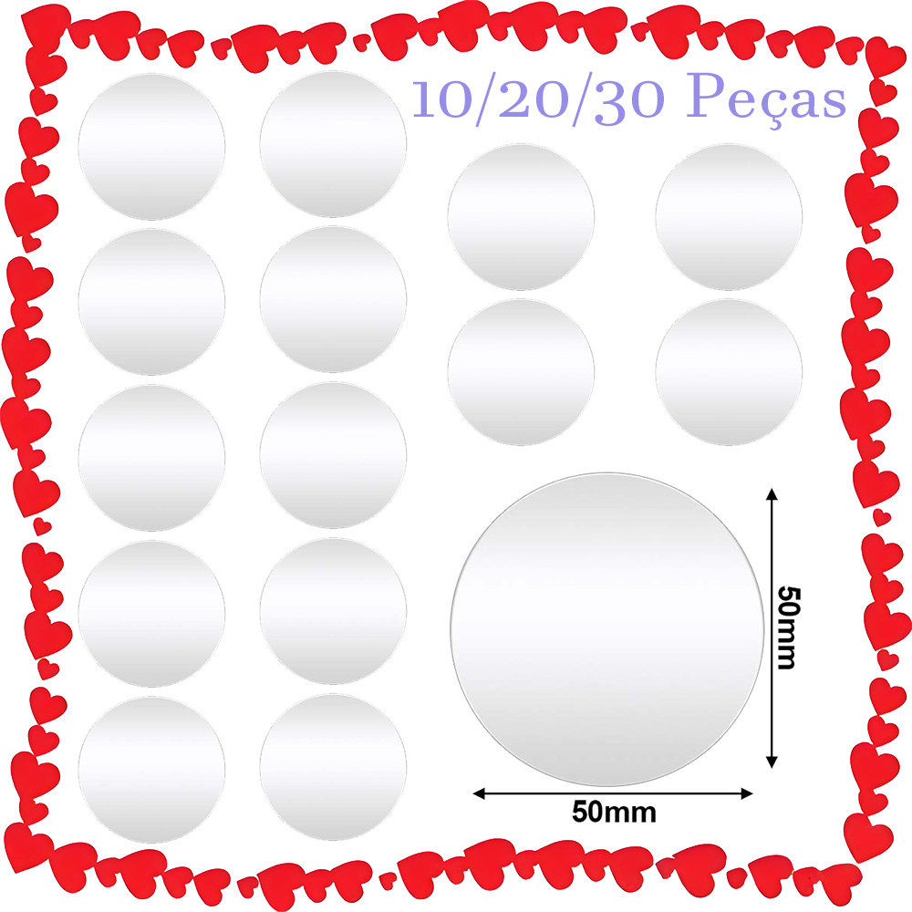 10/20/30 Peça espelho redondo tamanho mini 50x50 mm acrílico redondo azulejos espelhos sem moldura espelhos autoadesivos