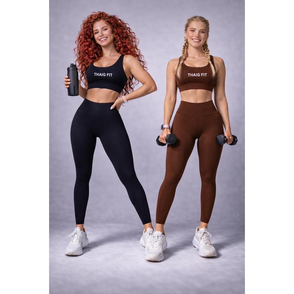 Conjunto Fitness Feminino Top + Calça Cintura Alta Suplex Zero Transparência Academia