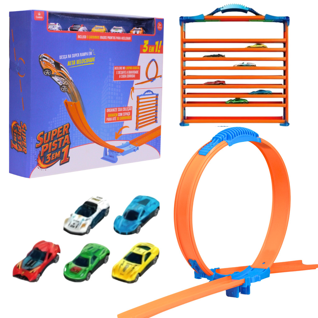 Super Pista 3 Em 1 Looping Rampa e Expositor Com 5 Carrinhos Coloridos - Castela em Oferta na Shopee