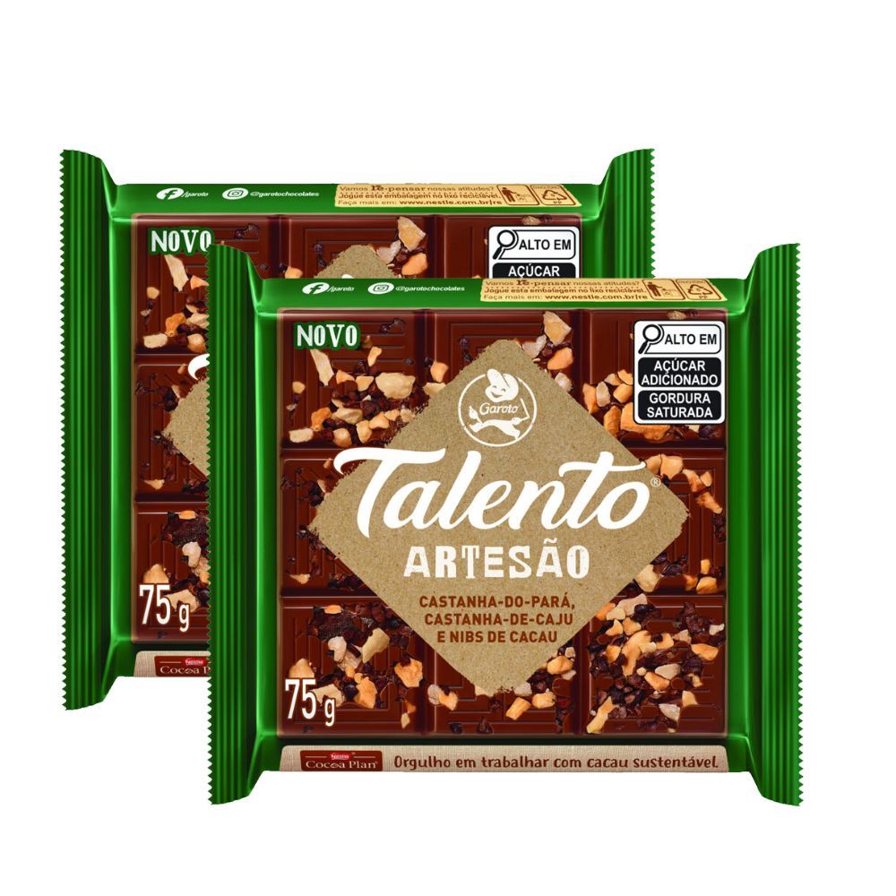 Kit 2 Chocolate Garoto Talento Artesão Castanha do Pará, Castanha de Caju e Nibs de Cacau 75g em Oferta na Shopee