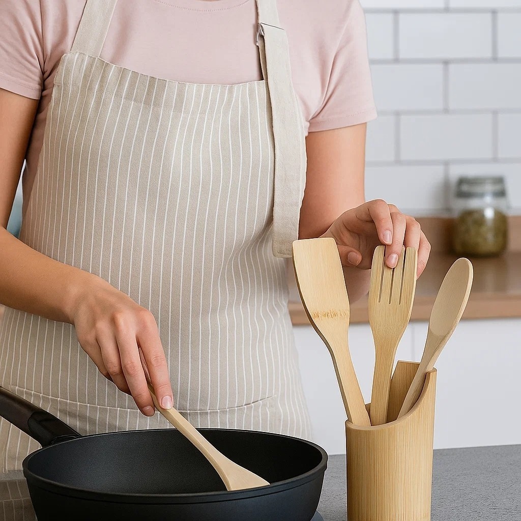Utensílios bambu kit 5 peças colher espátula madeira natural cozinhar sem riscar Achadinhos