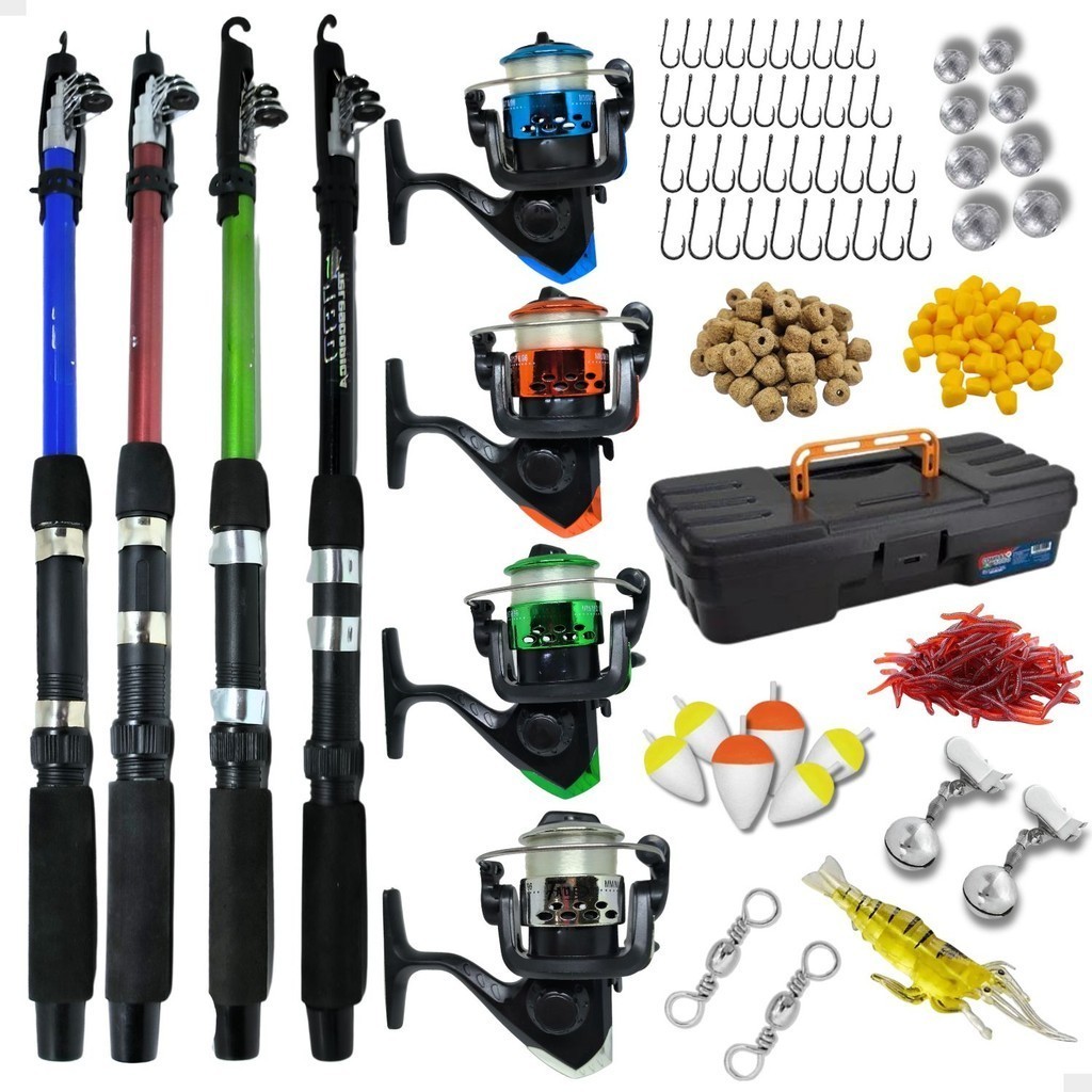 Conjunto De Pesca Completo 4 Vara Telescópica Fibra Vidro E 4 Molinete Com Linha Maleta + Acessórios em Oferta na Shopee