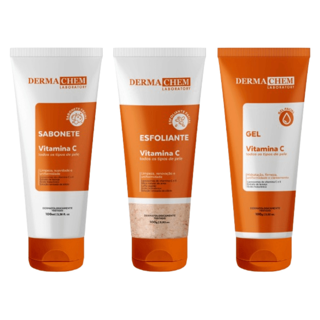 Kit Skincare Trio Vitamina C Anti-Idade Dermachem 100ml Sabonete Esfoliante Hidratante