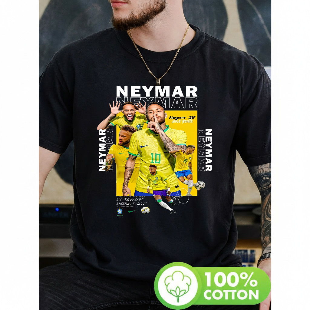 Camiseta Masculina com estampa de Neymar JR jogando futebol e logotipo do Brasil moderna estilosa premium esportiva
