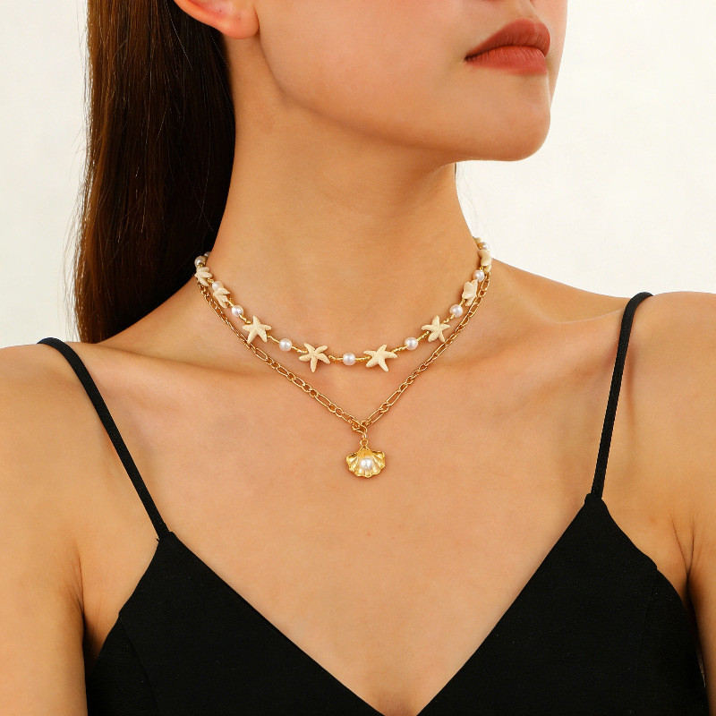 XI boêmio estilo férias contas de arroz estrela do mar colar feminino artesanal frisado pérola concha empilhado colar fe