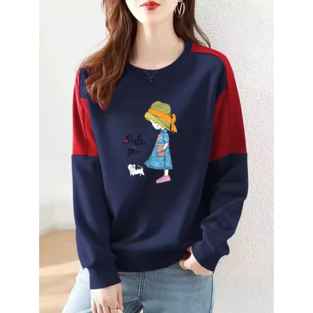 100% algodão moda impressa camiseta de manga comprida Bottoming topo primavera outono estilo ocidental contraste cor cos