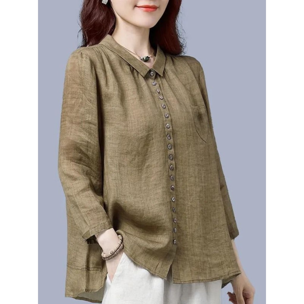 Camisa de manga comprida feminina 2025 primavera outono novo estilo algodão linho estilo ocidental mais magro olhar carn