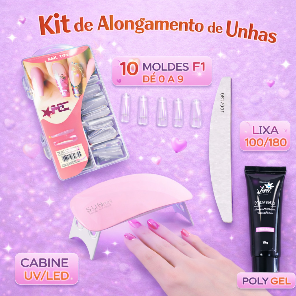 KIT Alongamento Poligel Polygel + Molde F1 + Lixa + Mini Cabine De Unha