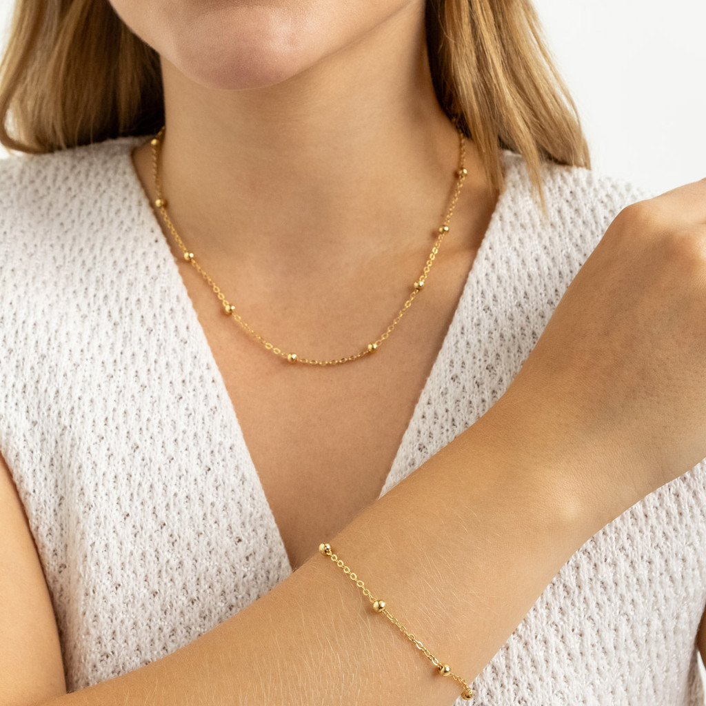 Conjunto Colar e Pulseira Bolinhas Douradas Banhadas a Ouro 18K - D France Semijóias