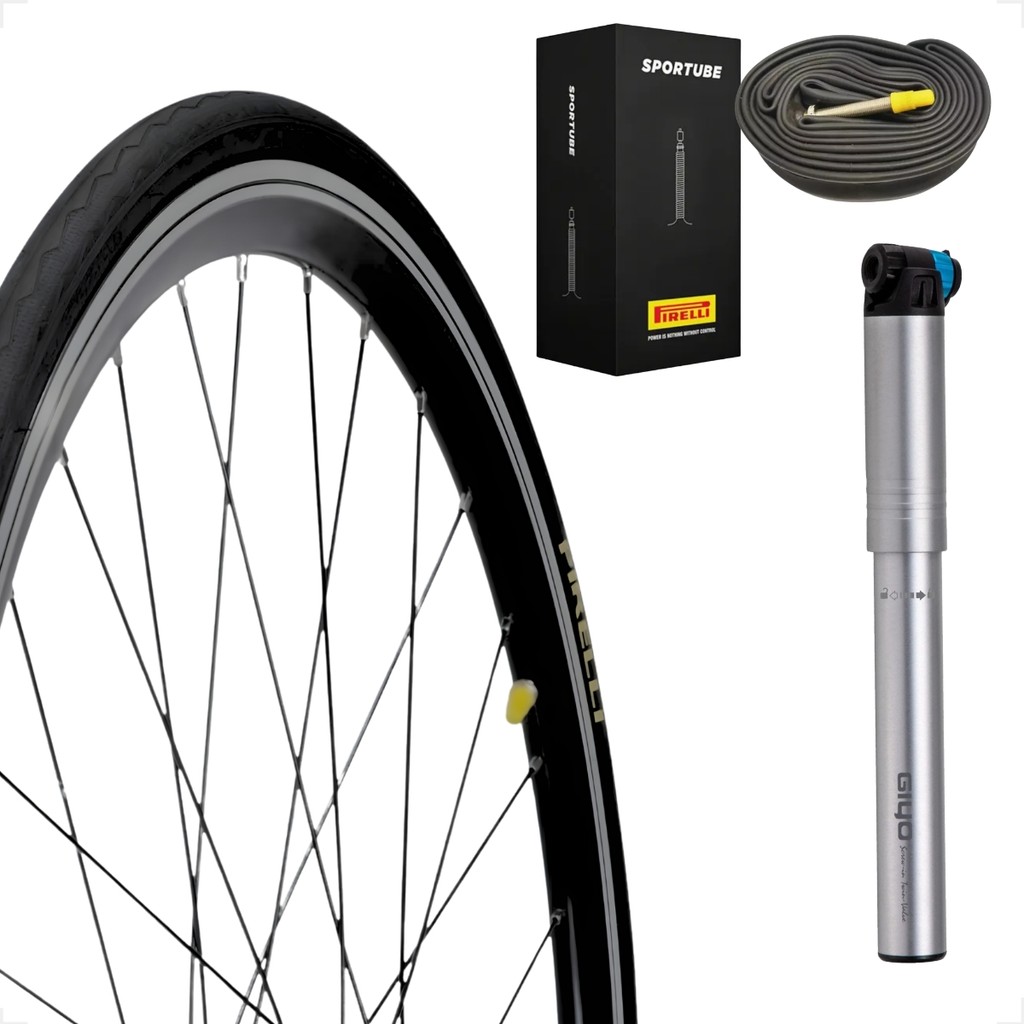 Pneu e camara Pirelli Tornado Alfa 700 X 25 Bico Fino 60mm + Bombinha de ar Giyo 120psi