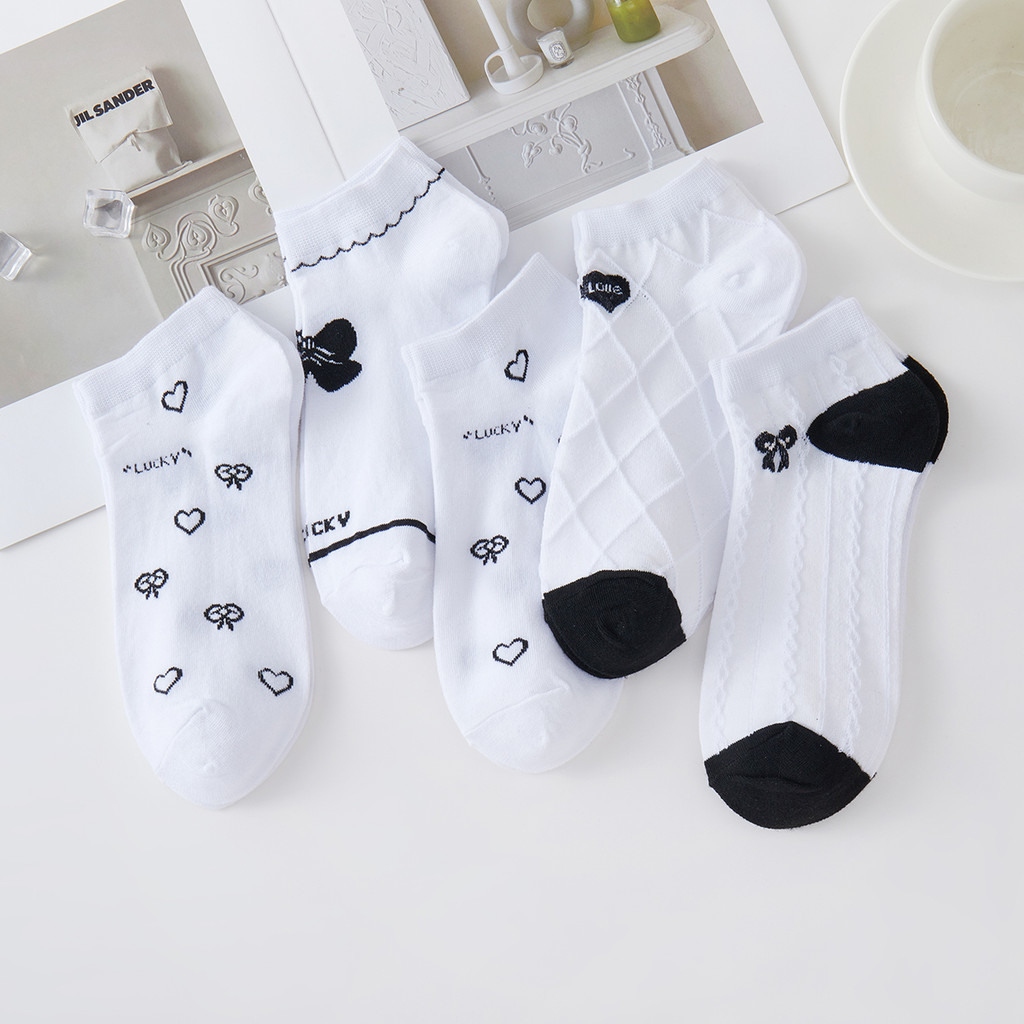 Kit 5 pares Cano curto meias femininas de algodão Moda versáteis casuais, ，respiráveis ​​e fofas tamanho 35-40