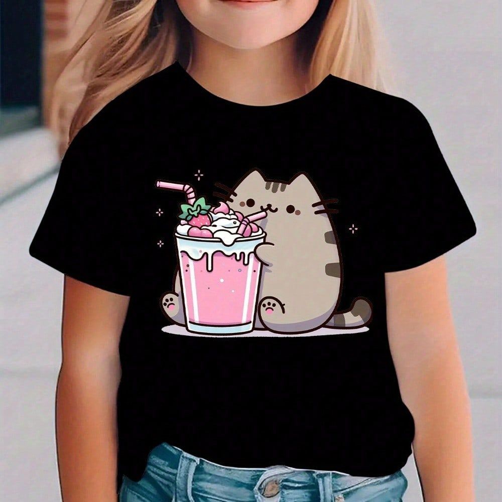 Camiseta de Manga Curta Estampada com Gato Milkshake Fofa - Moda Verão para Meninas, Top Casual e Versátil