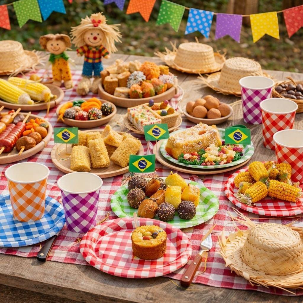 Kit 20 Pratos 17Cm e 20 Copos Xadrez Coloridos Festa junina