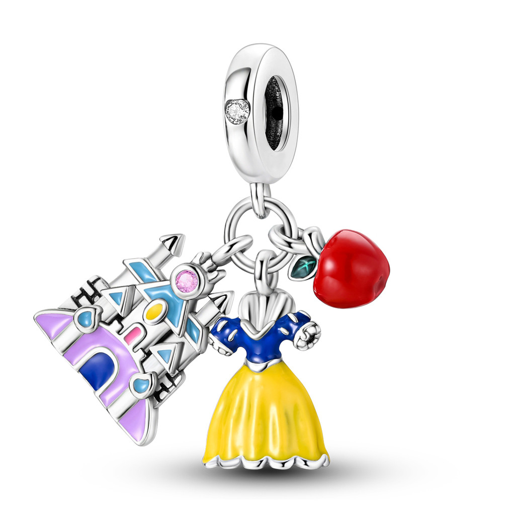 Pingente Berloque Charm Prata 925 - Branca de Neve Princesa Vestido Maçã Castelo