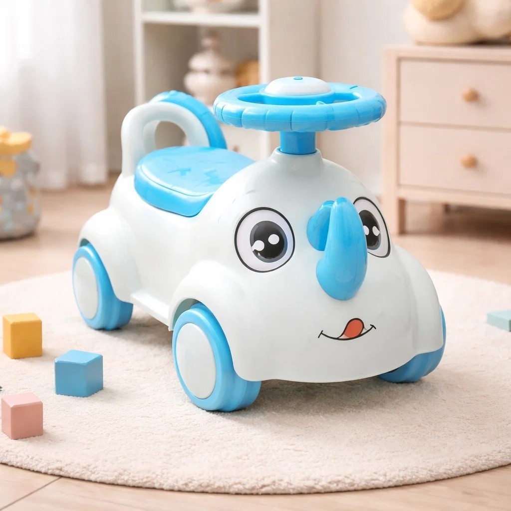 Andador Infantil Rinoceronte Azul Motinha Passeio Carrinho Empurrar Brinquedo Criança Resistente