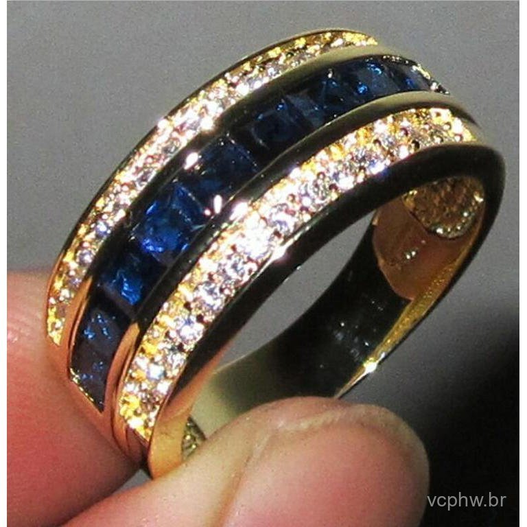 Ruby * Anel de diamante quadrado de safira com diamante completo europeu americano banhado a ouro 18k Flash diamante mas