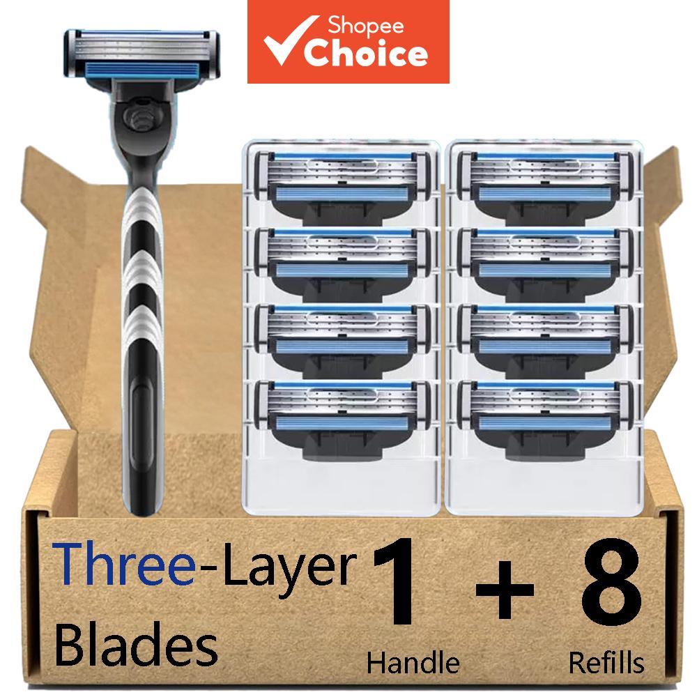 Barbeador masculino de 3 camadas com lâmina manual, 1 cabo + 8 lâminas de barbear, compatível com Mach 3, ferramenta