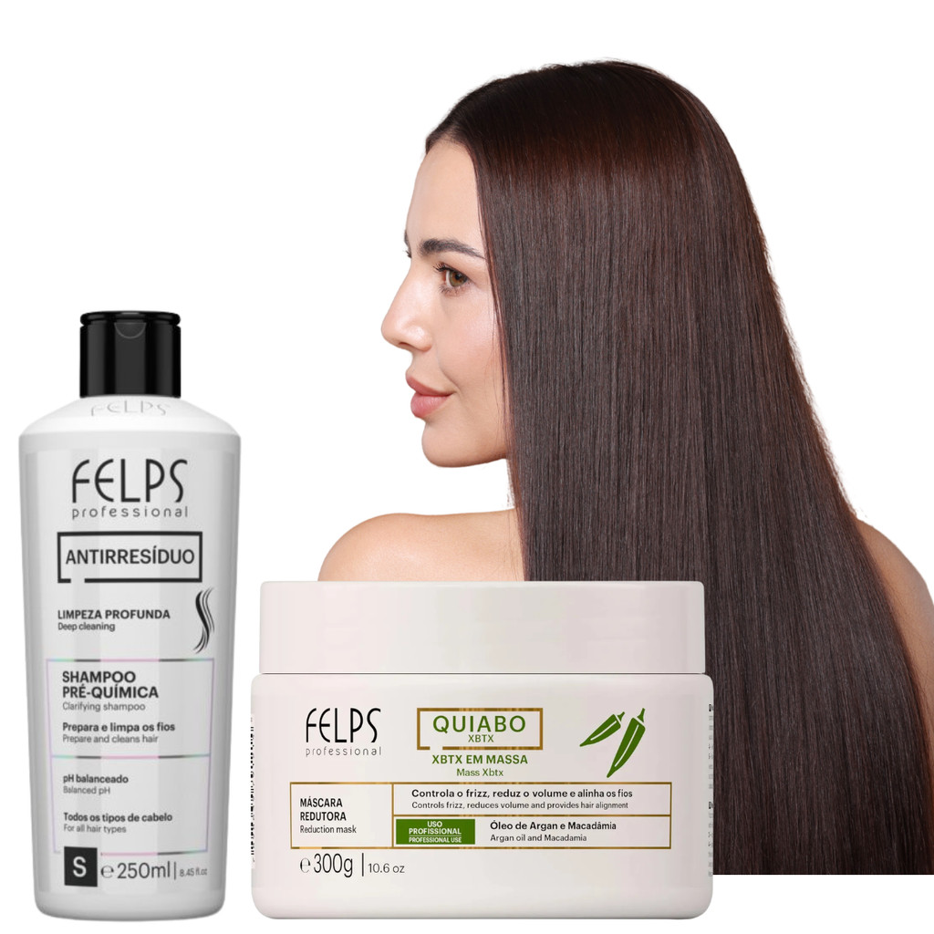 Kit Shampoo Antirresíduo 250ml Felps+ Xbtx Okra em Massa Redutor de Volume Máscara Profissional 300g