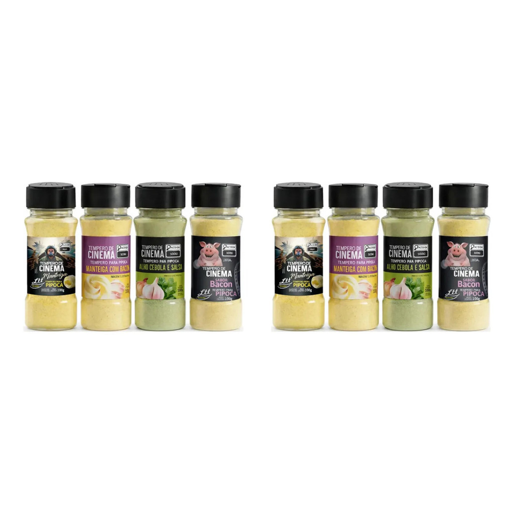 Kit Com 8 Temperos Para Pipoca 4 Sabores 100g Cada 2 Unidades De Cada Sabor - Total 800g