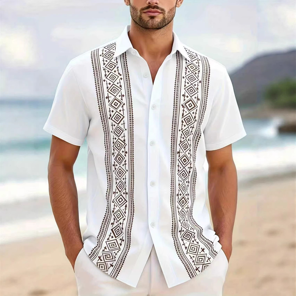 Camisa masculina novo estilo lapela listrada camisa de manga curta impressa camisa Casual