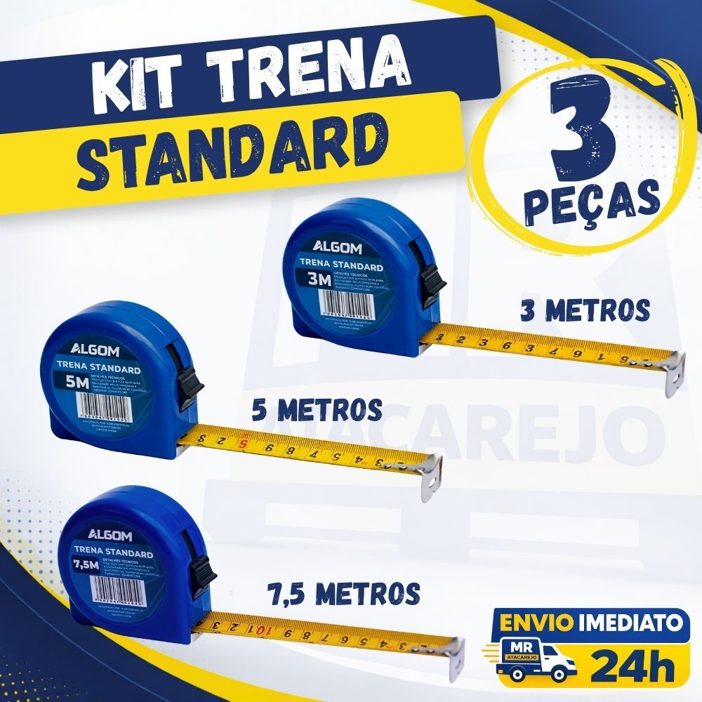 Kit Trena Ferramentas de Pedreiro Trena 3 Metros Trena 5 Metros e Trena 7 Metros Profissional