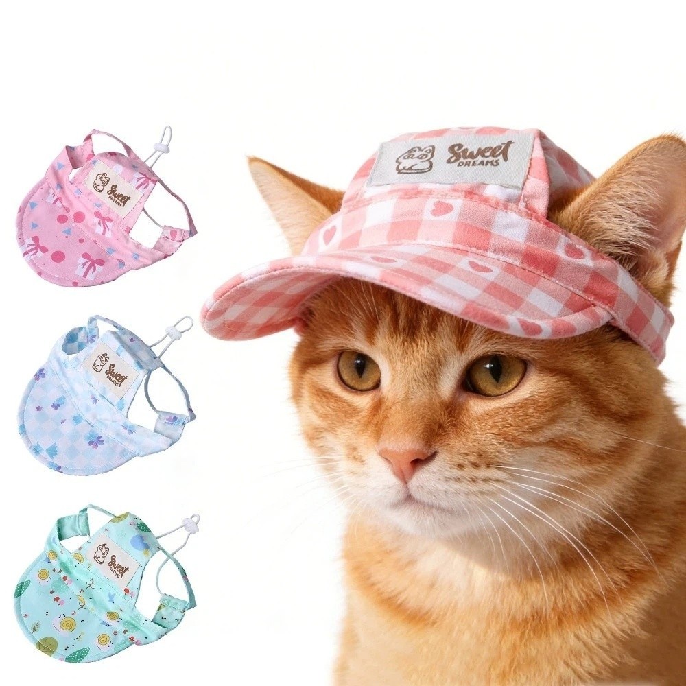 Moda Ajustável Gato Protetor Solar Chapéu Com Buracos De Orelha Xadrez Impressão Pet De Sol Confortável Colorido Cão Vis