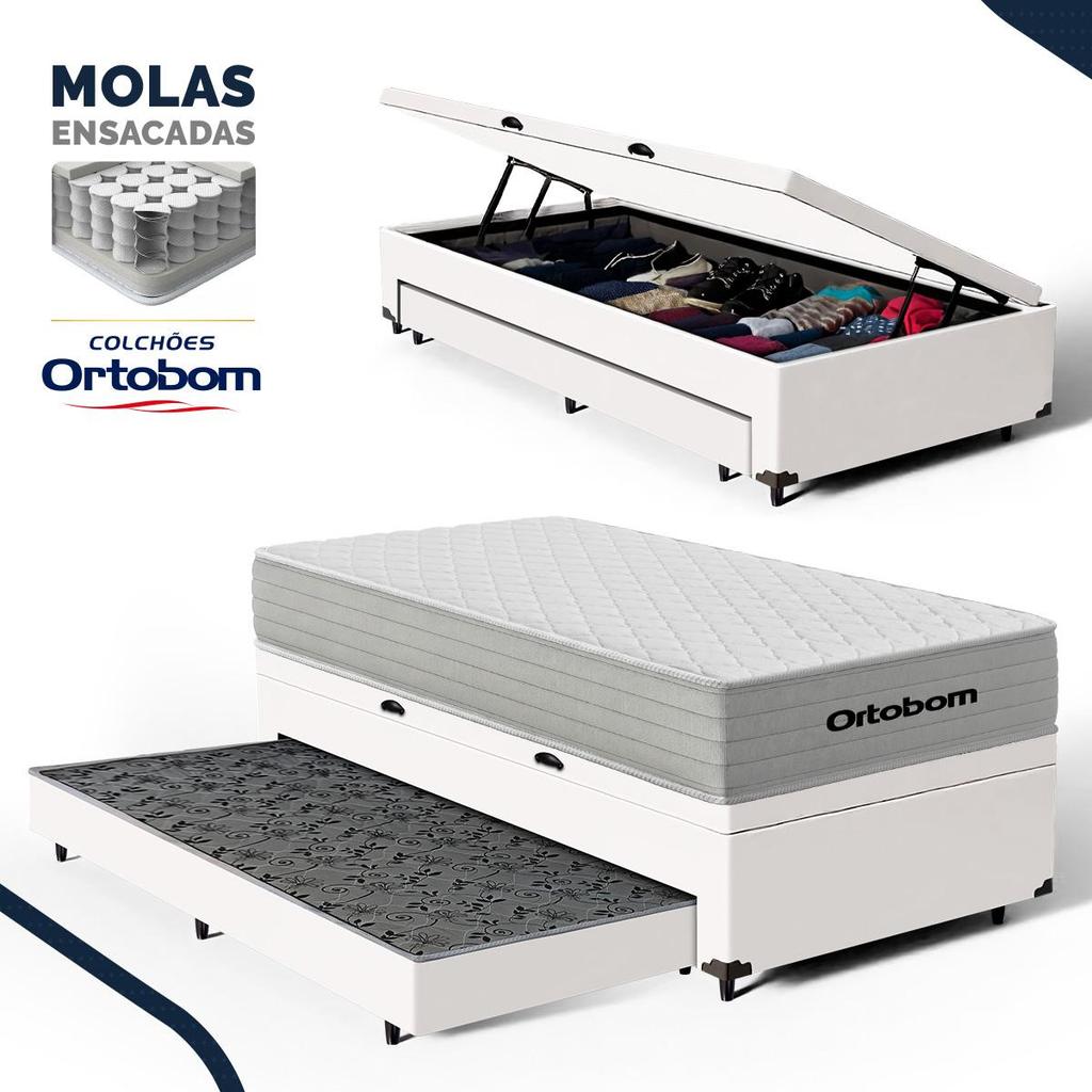 Box Baú + Colchão Molas Ensacadas Ortobom OneFace Plenno Superpocket + Auxiliar Espuma Solteiro 88cm em Oferta na Shopee