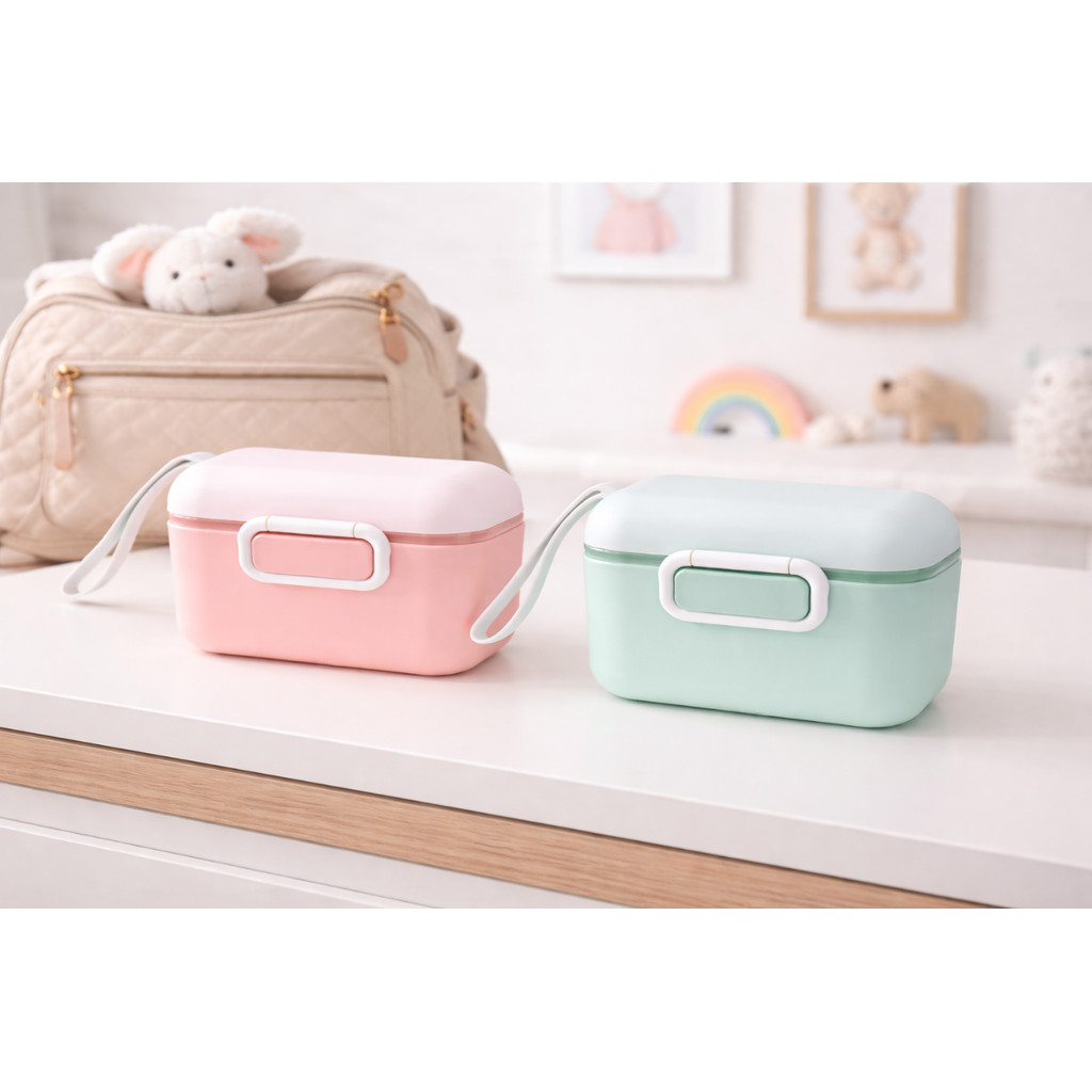 Porta Leite em Pó Bebê com Colher Medidora Nivelador Vedação Hermética Alça Silicone Viagem Passeio