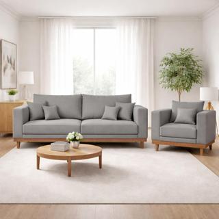 Kit Poltrona Living + Sofá 3 Lugares com Base Madeira Linho em Oferta na Shopee