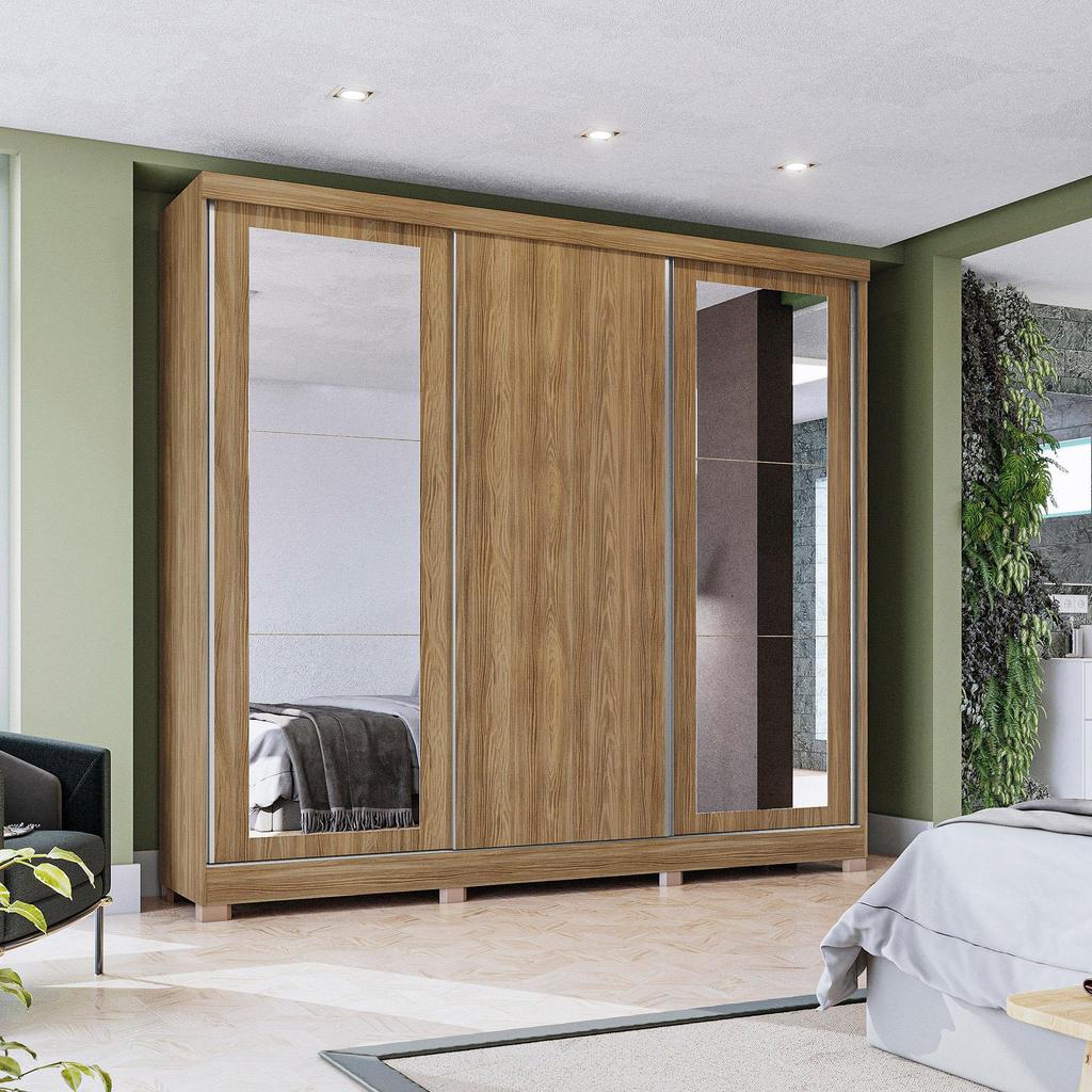 Guarda-Roupa Casal 100% MDF Kappesberg c/Pés e 6 Espelhos 3 Portas de Correr 8 Gavetas Nogueira