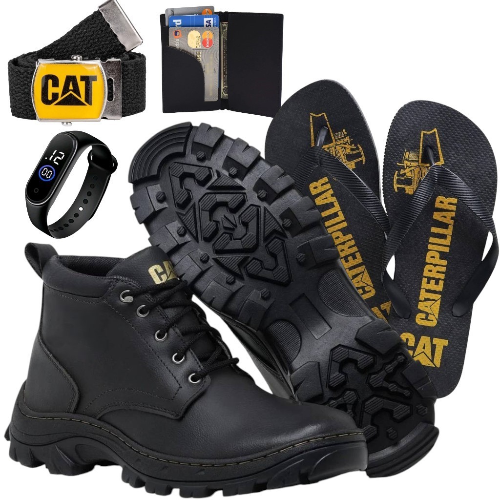 Kit 5 em 1 Botina Bota Masculina Robusta em Couro Sintético + Chinelo Antiderrapante + Cinto + Carteira + Relógio