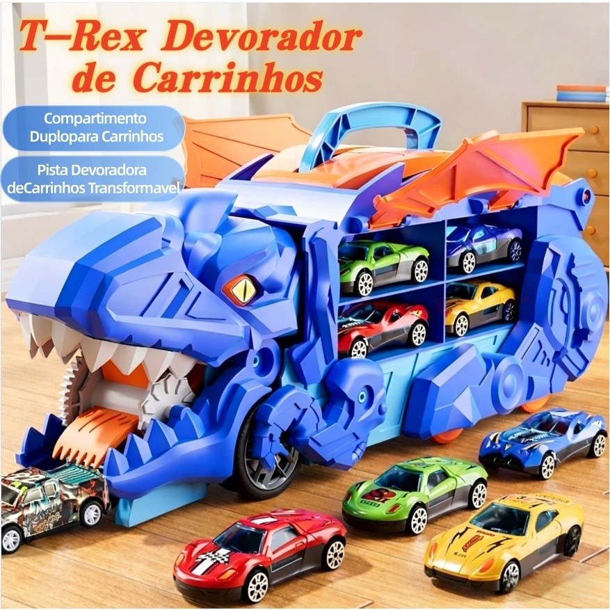 Caminhão Dinossauro Engole Carrinhos com 4 Carros de Metal Transformável com Pista Rampa e Alça