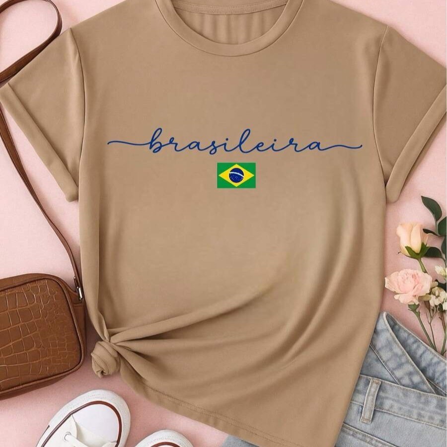 Camiseta Feminina Brasil Copa Seleção Brasileira Algodão Estampa Minimalista Casual Confortável Moda Verão