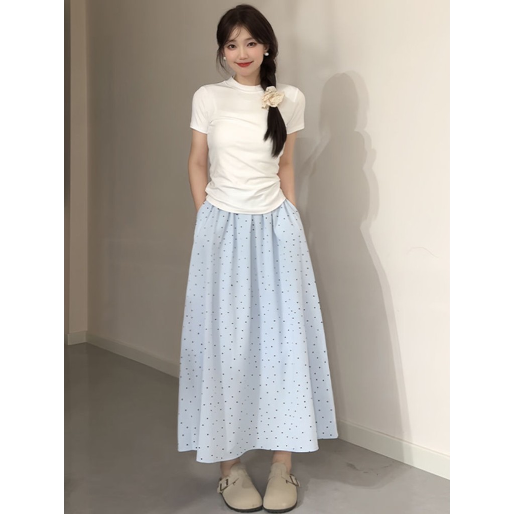 Vestido de verão combinando com uma moda inteira estilo suave branco puro algodão manga curta camiseta feminina azul mai