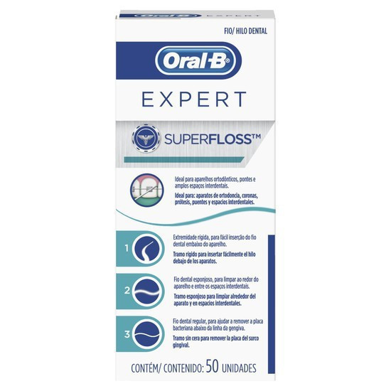 Fio Dental Oral B Super Floss Expert 50 Unidades Para Aparelho Ortodontico Limpeza Facil