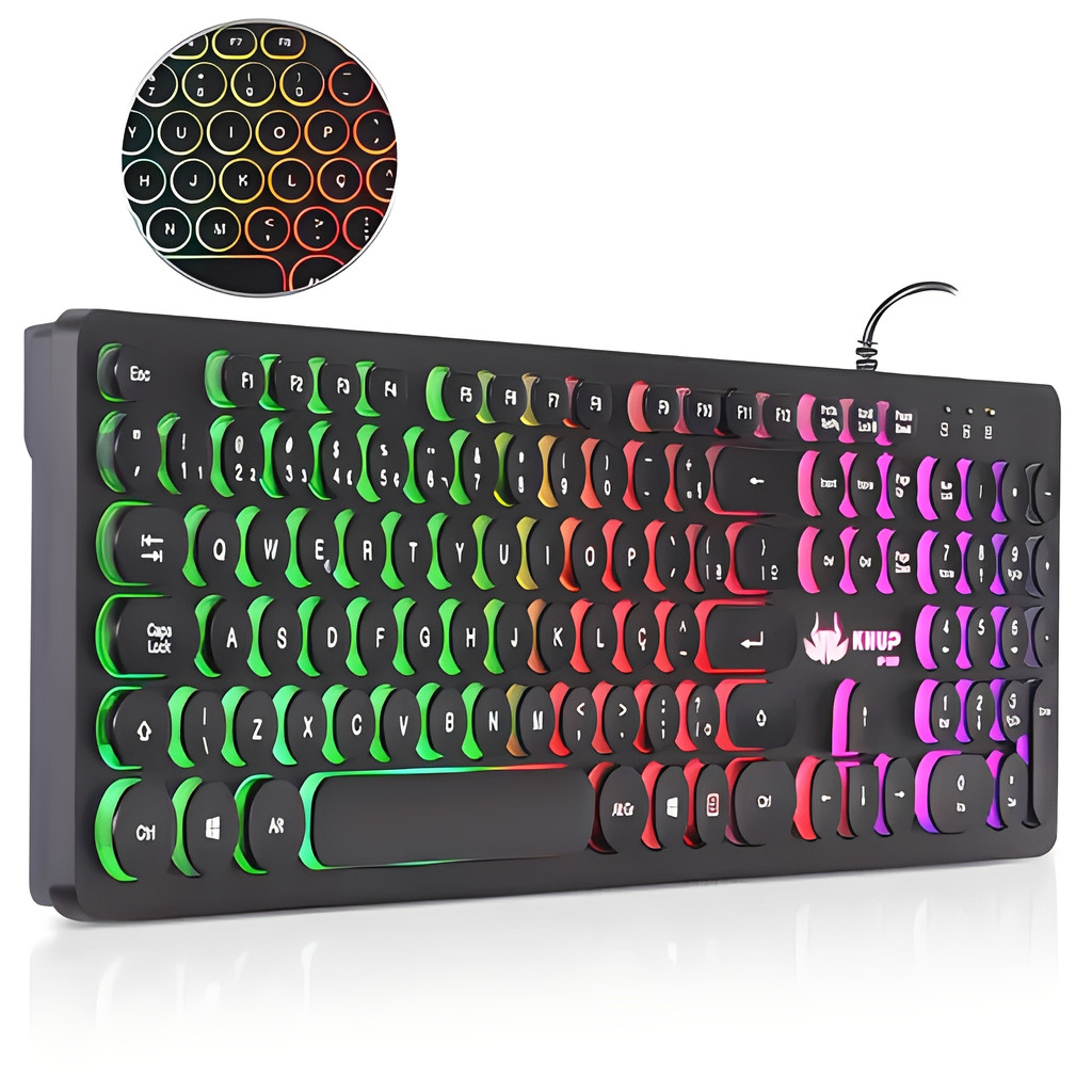 Teclado Gamer USB Com Fio com luz RGB 107 Teclas Chocolate Layout ABNT2 Compatível PC Mac e Linux