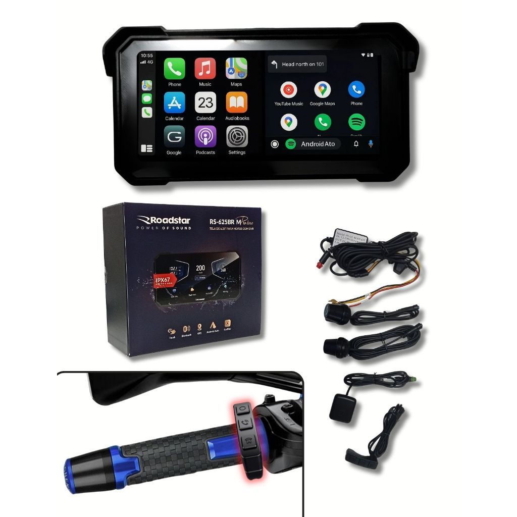 Tela 6,25 Polegadas para Moto Univesal 12v Carplay 2 Câmeras DVR AndroidAuto sem Fio Mapa Gravaçoes em Oferta na Shopee