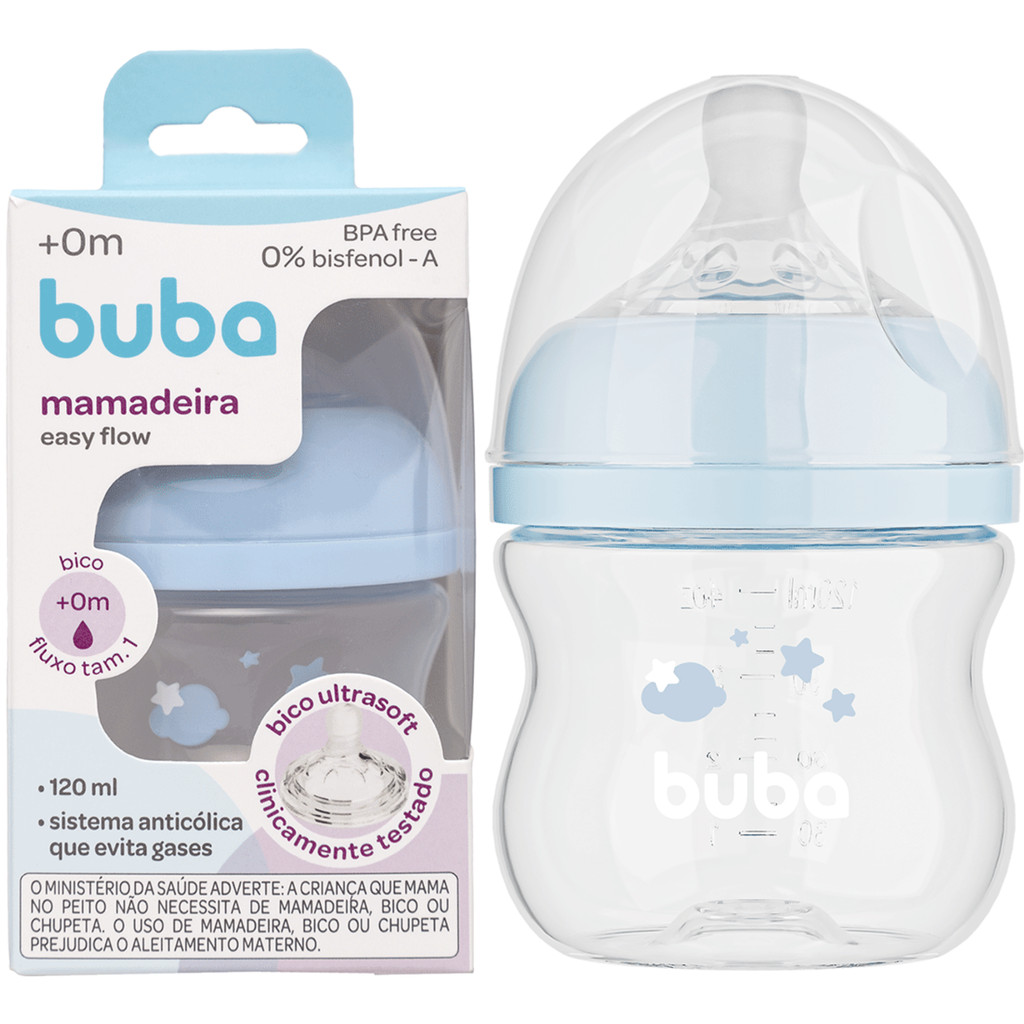 Mamadeira Buba 120ml +0 Meses Anticólica Nuvem Azul Menino Easy Flow Ultra Soft Tamanho 1 Fluxo 1